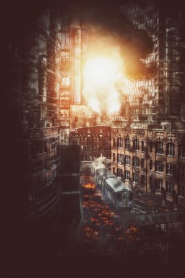 Bild Katastrophale Stadt Explosion mit brennenden Trümmern