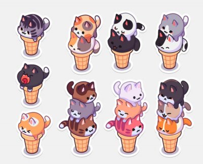Bild kawaii ice cream cats stickers. ice cream with different balls in the form of round kittens in the waffle cone. Funny stickers for your design.