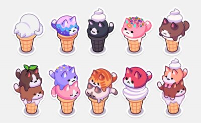 Bild kawaii ice cream cats stickers. ice cream with different balls in the form of round kittens in the waffle cone. Funny stickers for your design.