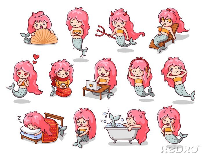 Bild Kawaii mermaids in various poses, with different facial expressions. Hand drawn sticker vector set. All elements are isolated.