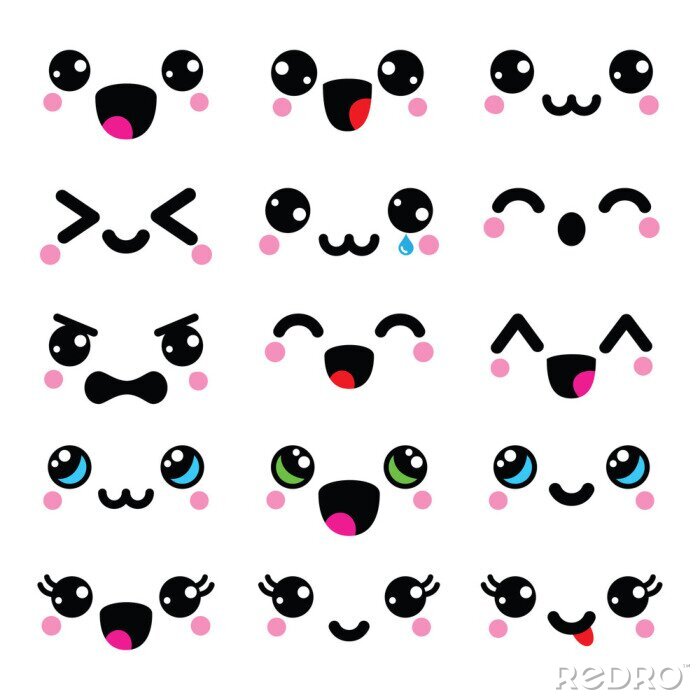 Bild Kawaii niedliche Gesichter, Kawaii Emoticons, entzückender Buchstabeentwurf