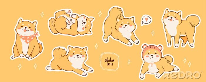 Bild Kawaii Shiba Inu dogs in various poses. Hand drawn sticker vector set. All elements are isolated