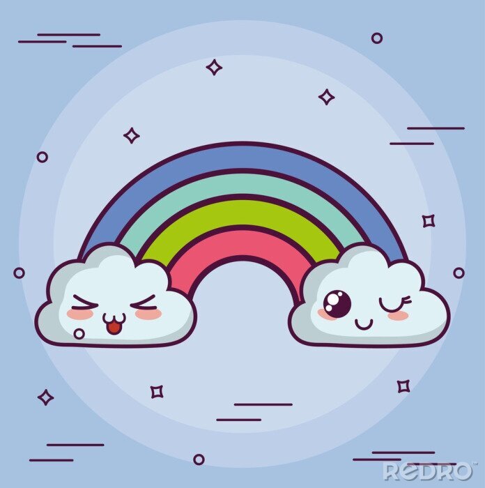 Bild Kawaii Wolke mit einem Regenbogen-Symbol über lila Hintergrund. Buntes Design. Vektor-Illustration