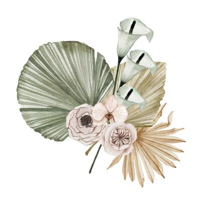 Bild Komposition aus Kalla-Blüten und getrockneten Palmblättern