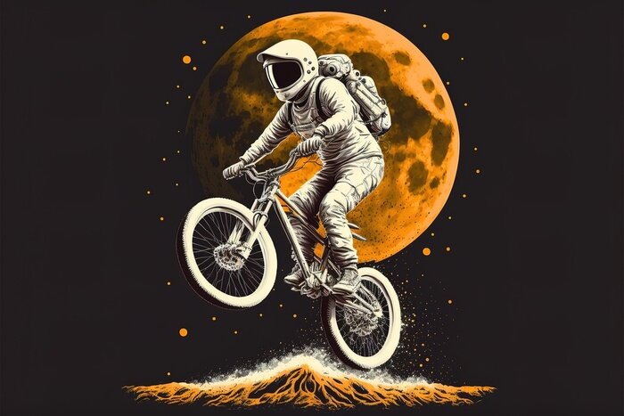 Bild Kosmonaut auf einem Fahrrad im Weltraum