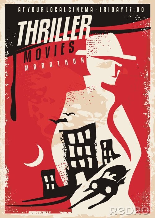 Bild Kreatives Plakatdesign für Thrillerfilmshow. Kinoplakatschablone mit Geheimagentschattenbild und Nachtstadtszene. Vektor-Layout.