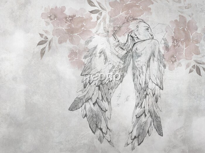 Bild Künstlerische Engel-Frau mit Aquarellblumen und Textur im Hintergrund