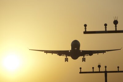 Bild Landendes Flugzeug bei Sonnenaufgang