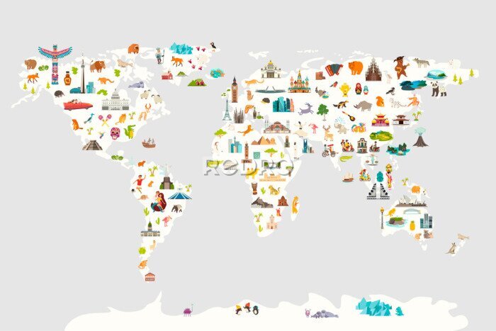 Bild Landmarks world map vector cartoon illustration. Cartoon globe vector illustration. Oceans and continent: South America, Eurasia, North America, Africa, Australia