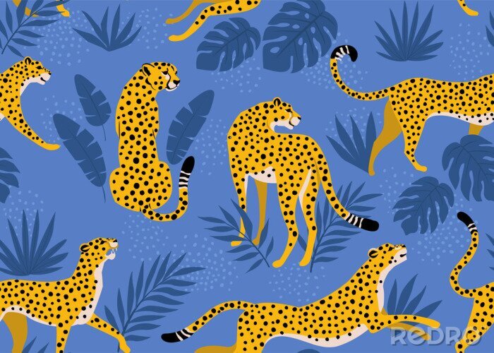 Bild Leopard pattern with tropical leaves. Vector seamless texture.