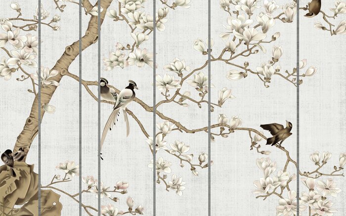 Bild Light textured background, white magnolia flowers on a tree and birds