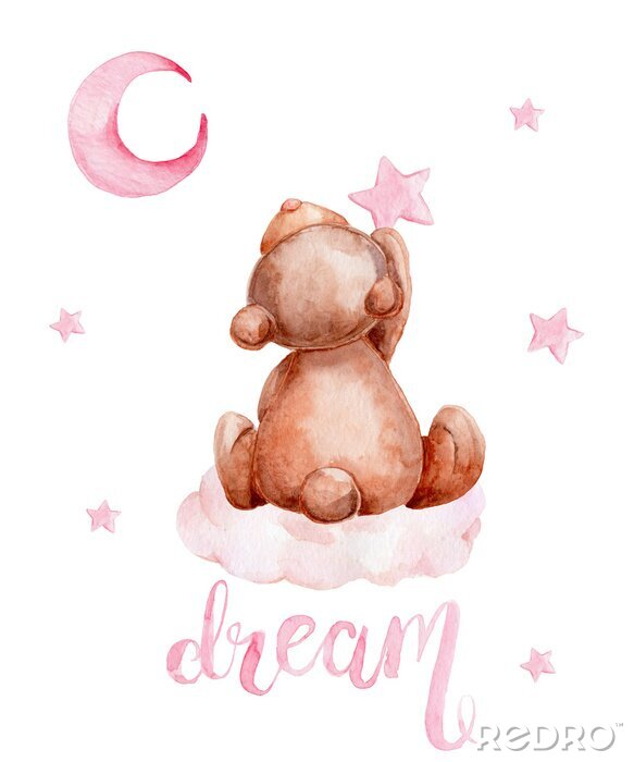 Bild Little brown teddy bear sitting on a cloud and moon and stars; watercolor hand draw illustration; with white isolated background