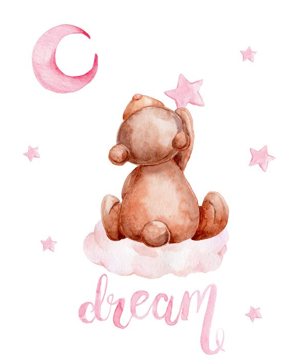 Bild Little brown teddy bear sitting on a cloud and moon and stars; watercolor hand draw illustration; with white isolated background
