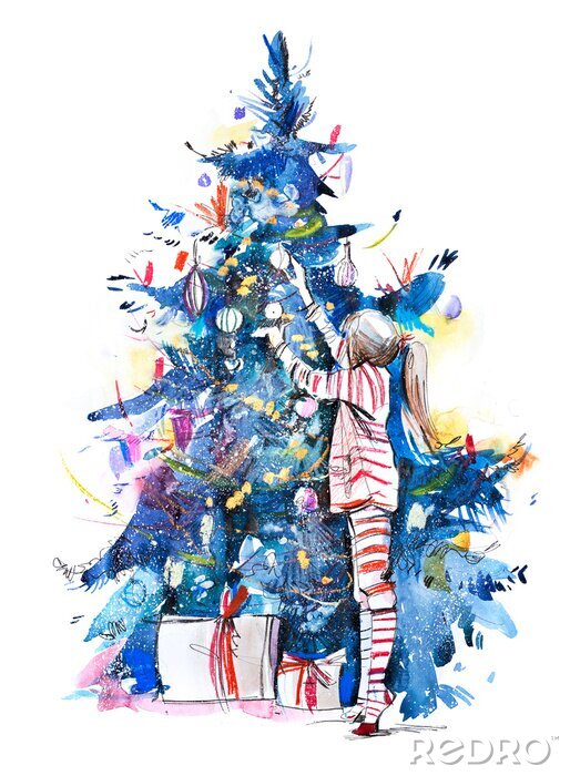 Bild Little girl decorating christmas tree with toys and baubles. New year. Kid preparing home for xmas celebration. Watercolor