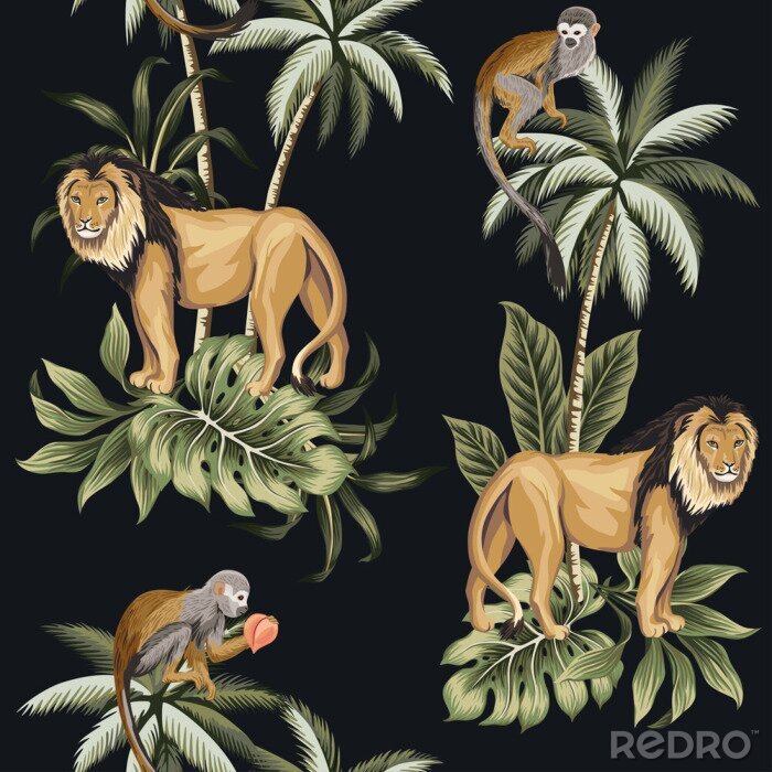 Bild Löwen und Affen zwischen Palmen