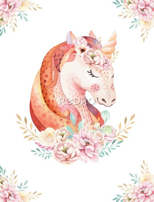 Bild Lokalisiertes nettes Aquarell Unicorn Clipart mit Blumen. Kinderzimmer Einhörner Illustration. Prinzessin Regenbogen Poster. Trendy rosa Cartoon Pony Pferd.