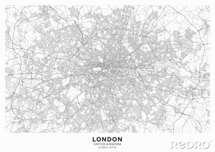 Bild London city map poster. Detailed map of London (United Kingdom). Transport system of the city. Includes properly grouped map features (water objects, railroads, roads etc).