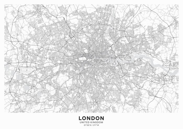 Bild London city map poster. Detailed map of London (United Kingdom). Transport system of the city. Includes properly grouped map features (water objects, railroads, roads etc).