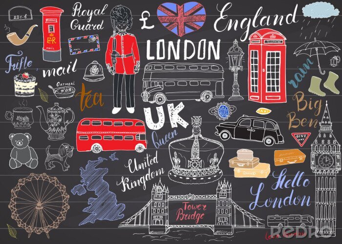Bild London Stadt doodles Elemente Sammlung. Hand gezeichnetes Set mit, Turmbrücke, Krone, Big Ben, königlicher Schutz, roter Bus, UK-Karte und Flagge, Teetopf, Beschriftung, Vektor-Illustration auf Tafel