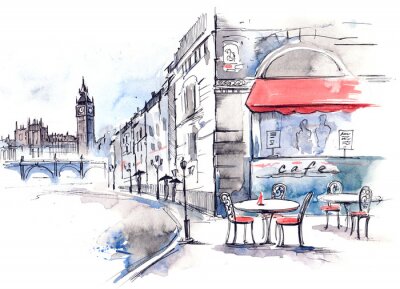 London und das Café in Aquarell