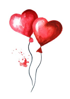 Bild Love and romance illustration. Valentines red heart balloons. Watercolor hand drawn illustration, isolated on white background