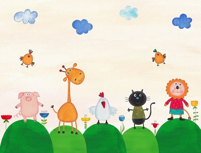 Bild Lustige Tiere auf grünen Hügeln