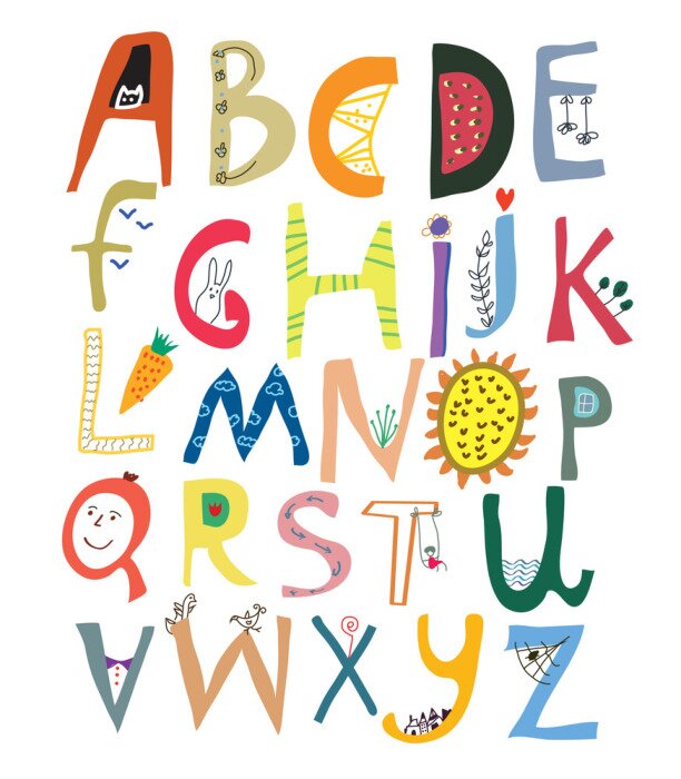 Bild Lustiges Alphabet für Kinder mit Gesichtern, Gemüse, Blumen und anim