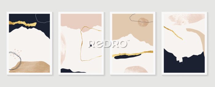 Bild Luxury Gold Mountain wall art vector set. Earth tones landscapes backgrounds set with moon and sun.  Abstract Plant Art design for print, cover, wallpaper, Minimal and  natural wall art. 