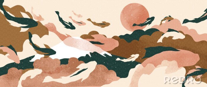Bild Luxury oriental style wall arts vector. Abstract arts design with Koi fish, Ocean, mountain, sun, moon texture texture and brush design for wallpaper, wall framed prints, canvas prints and home decor.