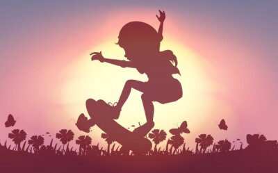Bild Mädchen auf Skateboard inmitten der Feldblumen