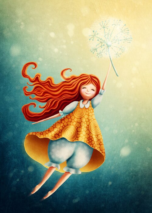 Bild Mädchen in einem gemusterten Kleid und Pusteblume