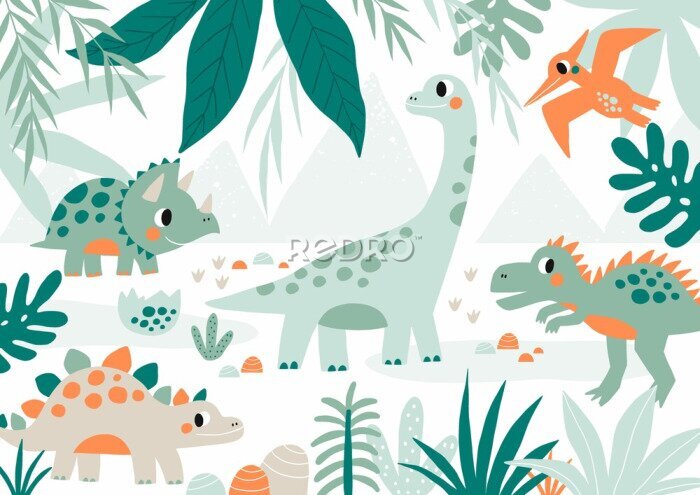 Bild Märchenhafte Dinosaurier inmitten von grünen Pflanzen