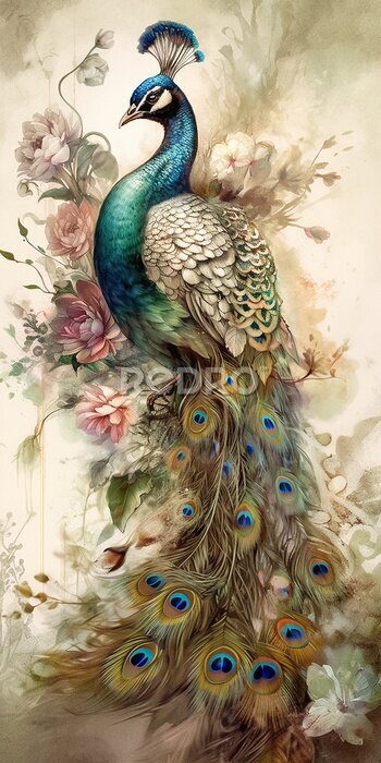 Bild Majestätischer Pfau zwischen Blumen