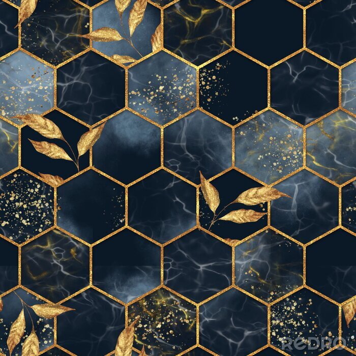 Bild Marble hexagon seamless texture with golden leaves. Abstract background