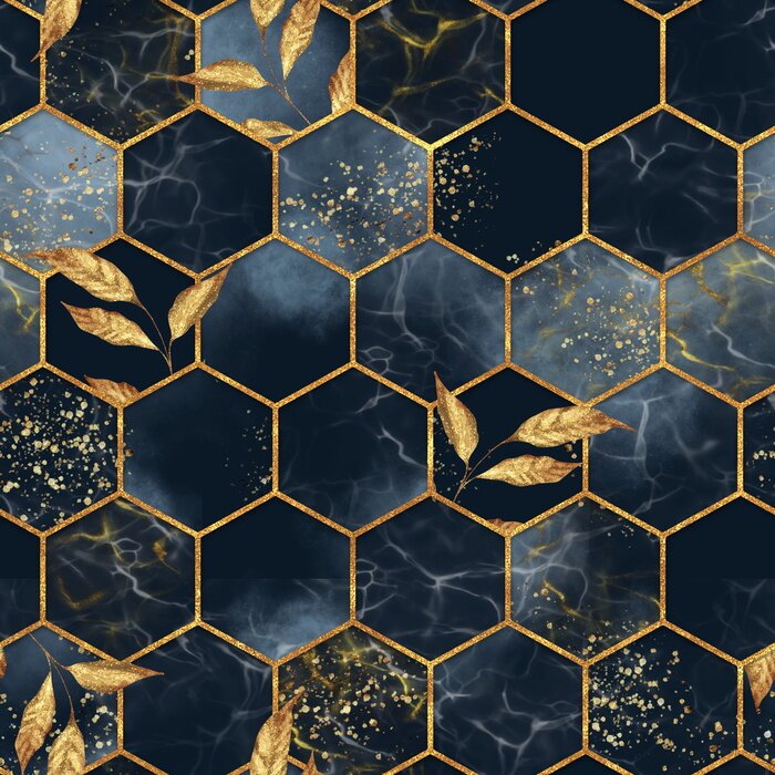Bild Marble hexagon seamless texture with golden leaves. Abstract background