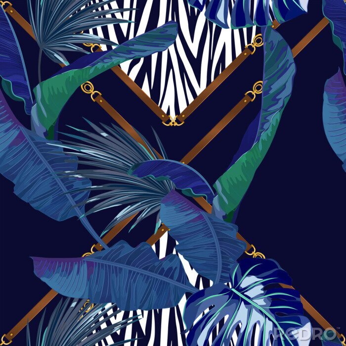 Bild Marineblaue tropische Blätter und Zebramotiv