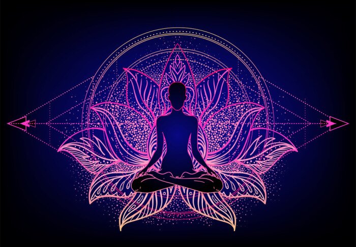 Bild Menschliche Silhouette im Lotussitz vor dem Hintergrund von Mandala
