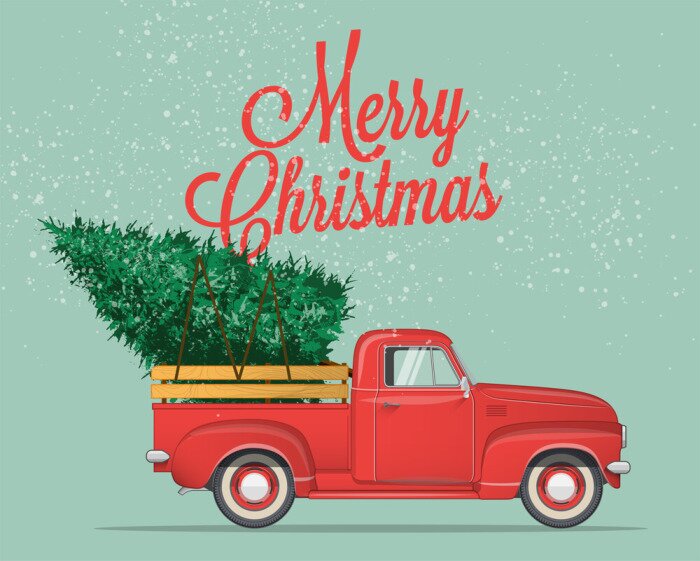 Bild Merry Christmas and Happy New Year Postcard or Poster or Flyer template with  pickup truck with christmas tree. Vintage styled vector illustration.