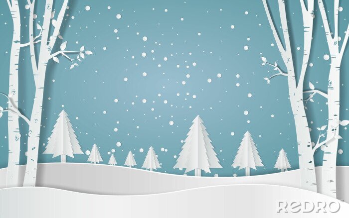 Bild Merry christmas,Snow forest. pines in winter and mountain Paper vector Illustration