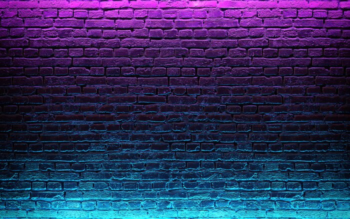 Bild Modern futuristic neon lights on old grunge brick wall room background. 3d rendering