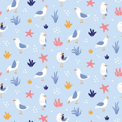 Möwen und Pflanzen auf blauem Hintergrund