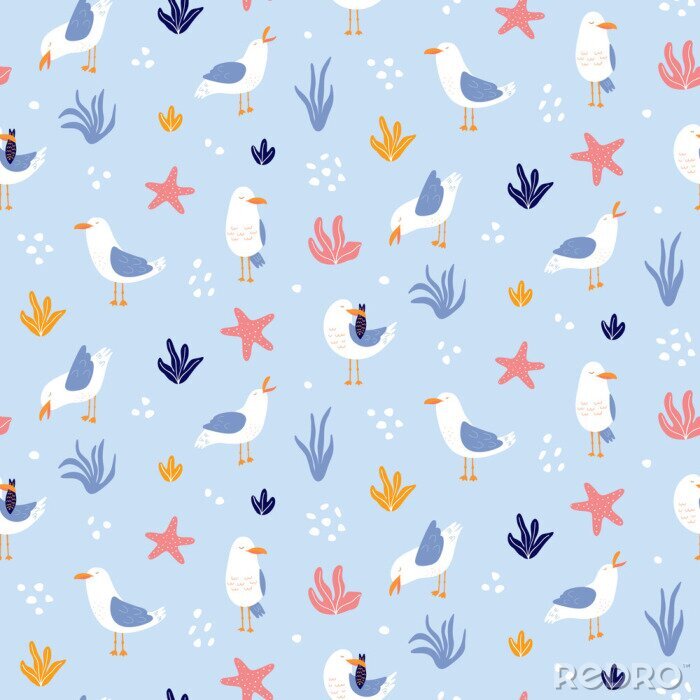 Bild Möwen und Pflanzen auf blauem Hintergrund