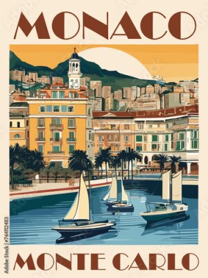 Bild Monte Carlo, Monaco Travel Destination Poster in retro style. Harbor with sailboats digital print. European summer vacation, holidays concept. Vintage vector colorful illustration.