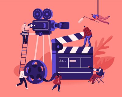 Bild Movie Making Process Concept. Operator Using Camera and Staff with Professional Equipment Recording Film with Actors. Director with Megaphone, Clapperboard Reel Film Cartoon Flat Vector Illustration