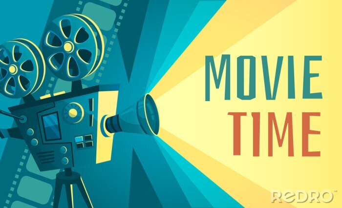 Bild Movie time poster. Vintage cinema film projector, home movie theater and retro camera. Cinematography entertainment equipment, movies production festival banner vector illustration