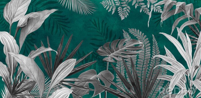 Bild Mural for the walls. Photo wallpapers for the room. Tropical leaves on a green background in the grunge style.