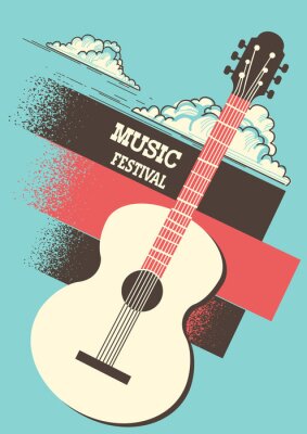 Music poster background with acoustic guitar and retro decoration