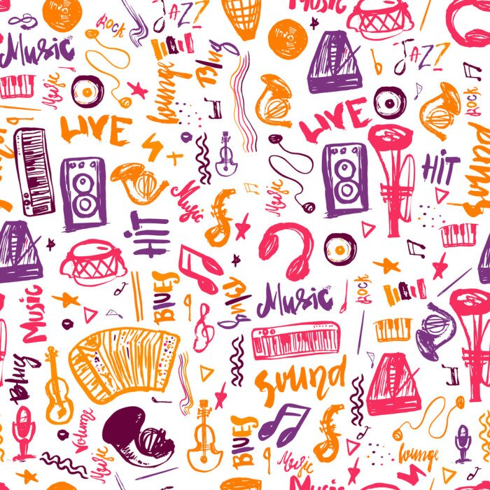 Bild Musik-Symbole lustige Hand gezeichnet nahtlose Muster mit Elemen und Schriftzug.