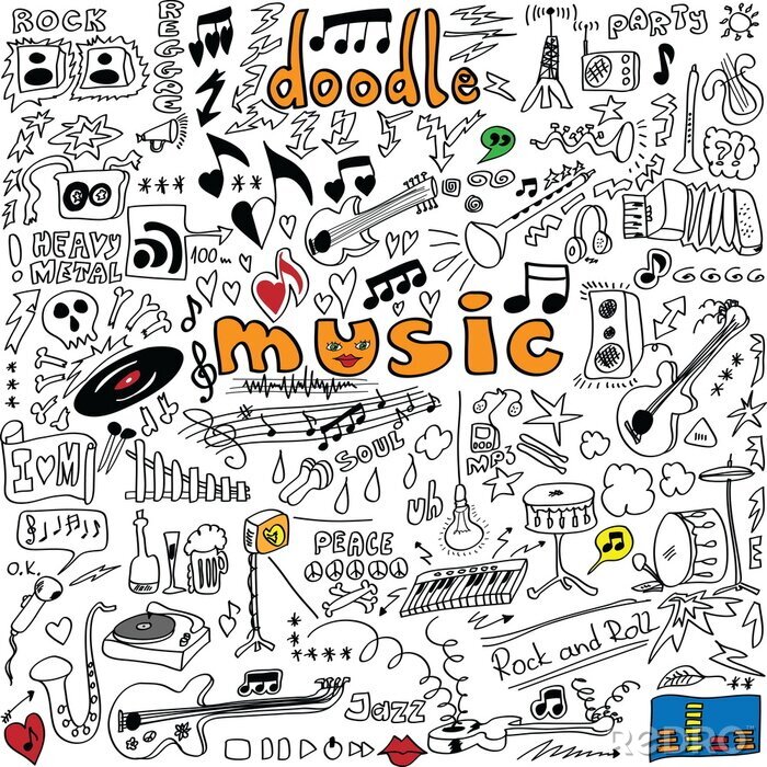 Bild Musik Symbole und bunte Cartoon-Zeichnungen
