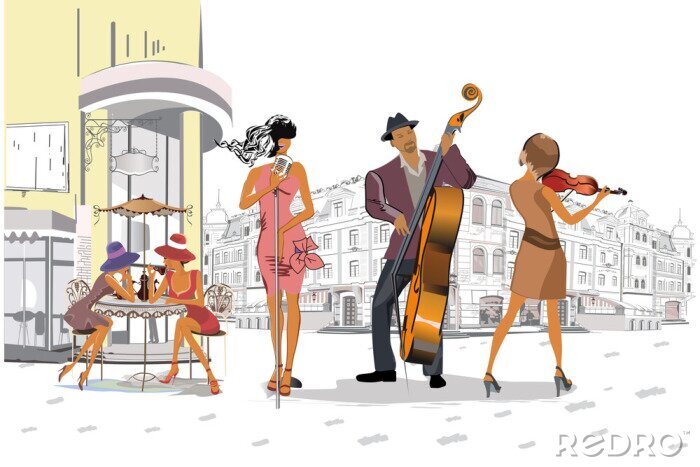Bild Musikband spielt für Kunden eines Cafés